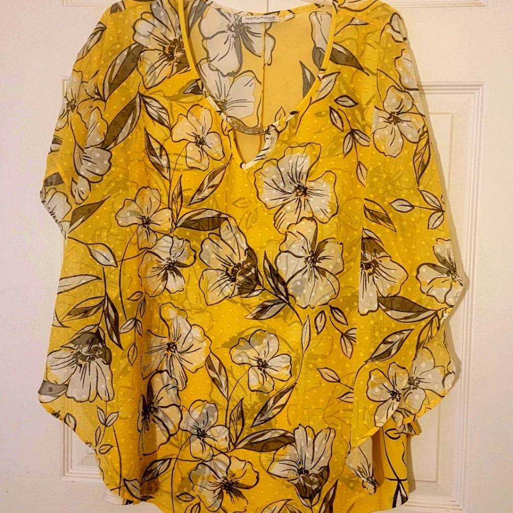 Notations Yellow Flowers Poncho Blouse with built in tank top 3X
